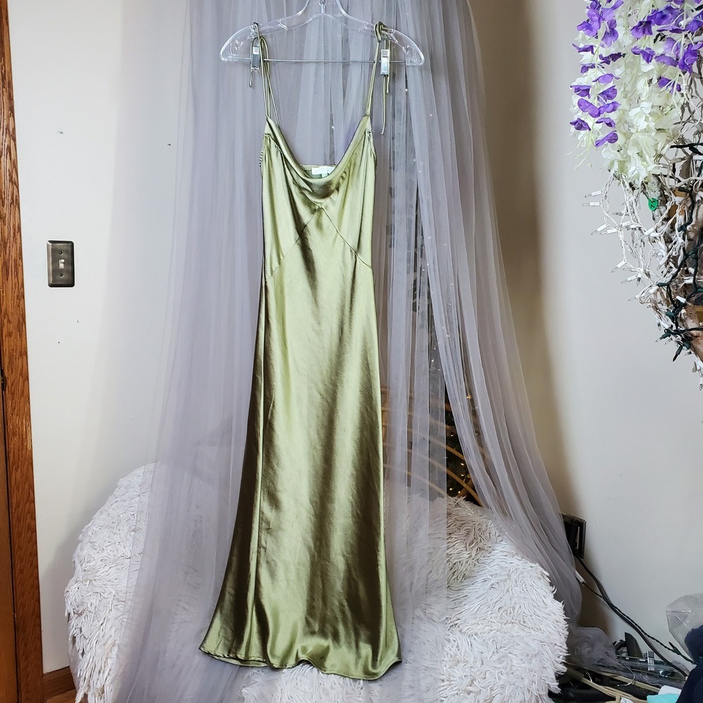 Y2K Romantic Sage Green Satin Midi Slip Dress Fairy Cocktail Size 6 Cowl Neck - Picture 2 of 5
